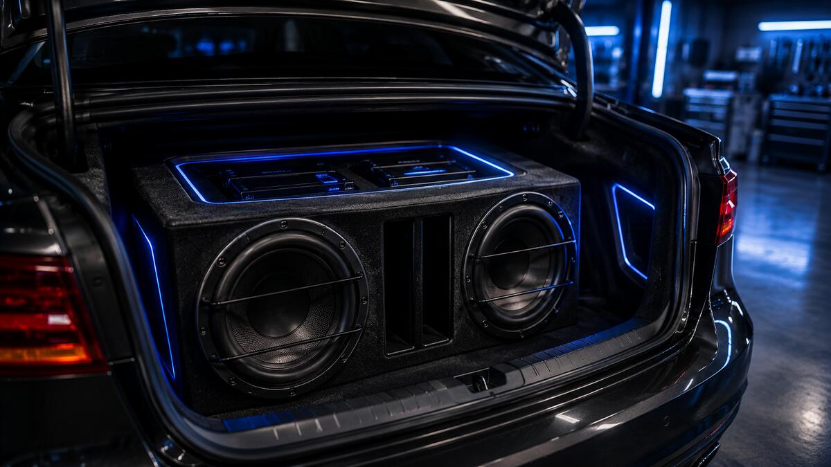 Instalação de som e subwoofers no porta-malas